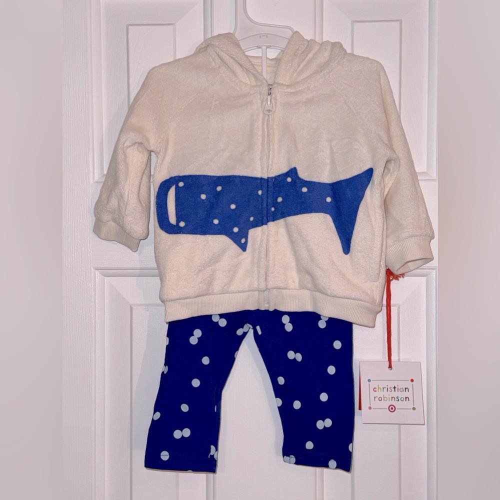 Christian Robinson 2 piece outfit whale terrycloth hoodie jacket, blue leggings